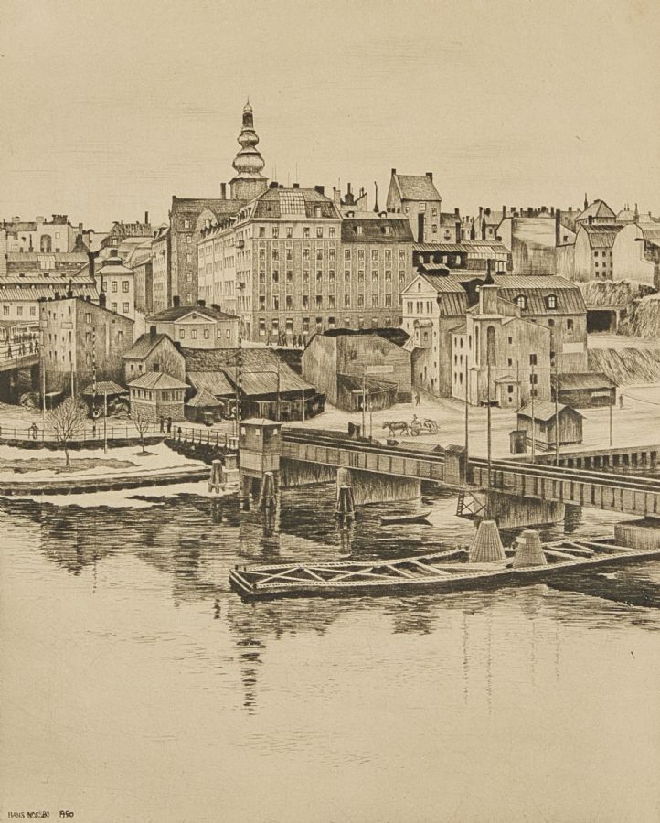Etsning, Hans Norsbo (1897-1955), Sverige. Slussen. Signerad, daterad 1950,29,5x23,5 cm